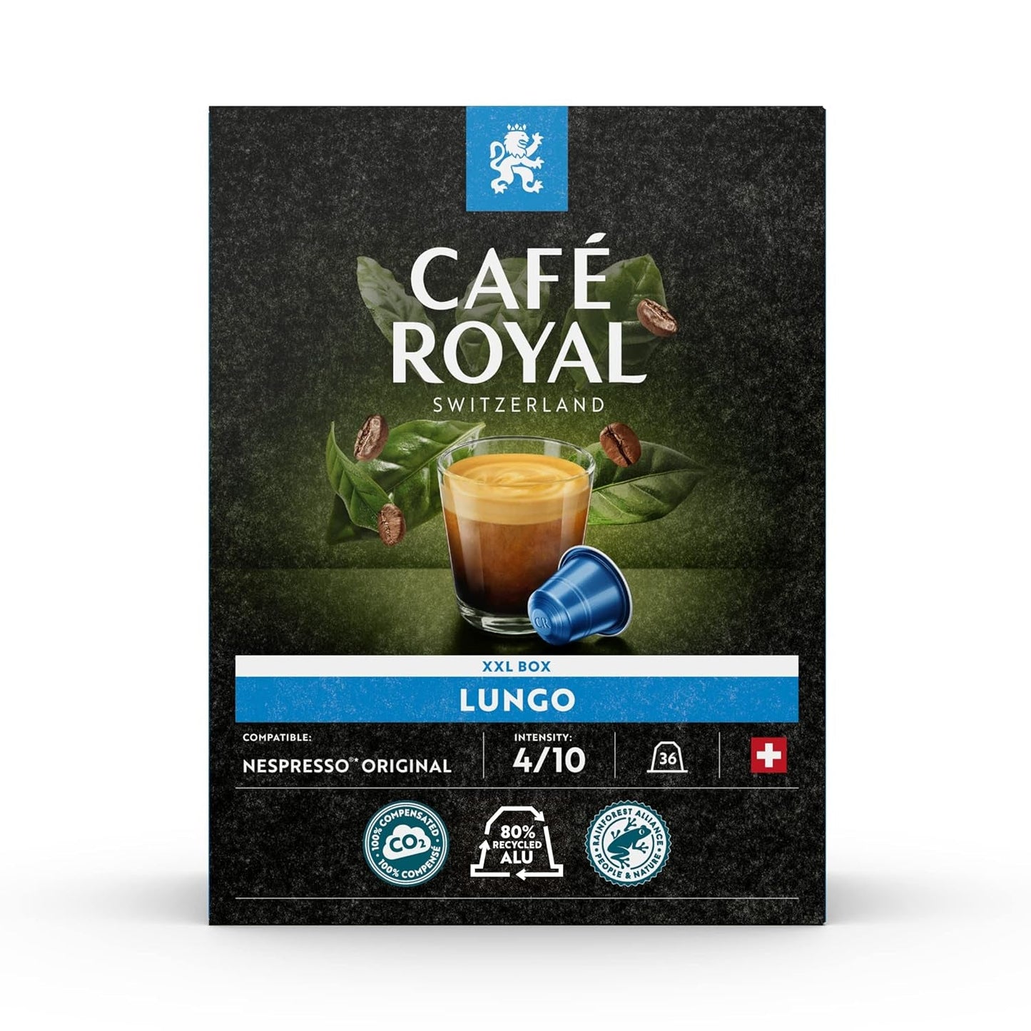 Café Royal Dark Chocolate Flavoured 100 Kapseln für Nespresso Kaffee Maschine - 4/10 Intensität - UTZ-zertifiziert, aus Aluminium & Lungo 36 Kapseln für Nespresso Kaffee Maschine - 4/10 Intensität