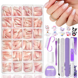 Set 420 de unghii false - Unghii tip balerina cu gel moale, acoperire completă, unghii artificiale cu gradient alb nud pentru lipire, unghii false pentru arta unghiilor (Ballerina White Nude)