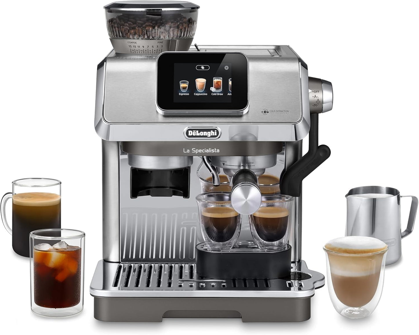 Espressor portafilter De'Longhi La Specialista Arte EC9155.MB cu râșniță, 8 setări de măcinare, presiune 15 bar, 3 setări de temperatură, spumator de lapte, 1550W, rezervor de 1,7L, oțel inoxidabil/negru, inclusiv kit barista