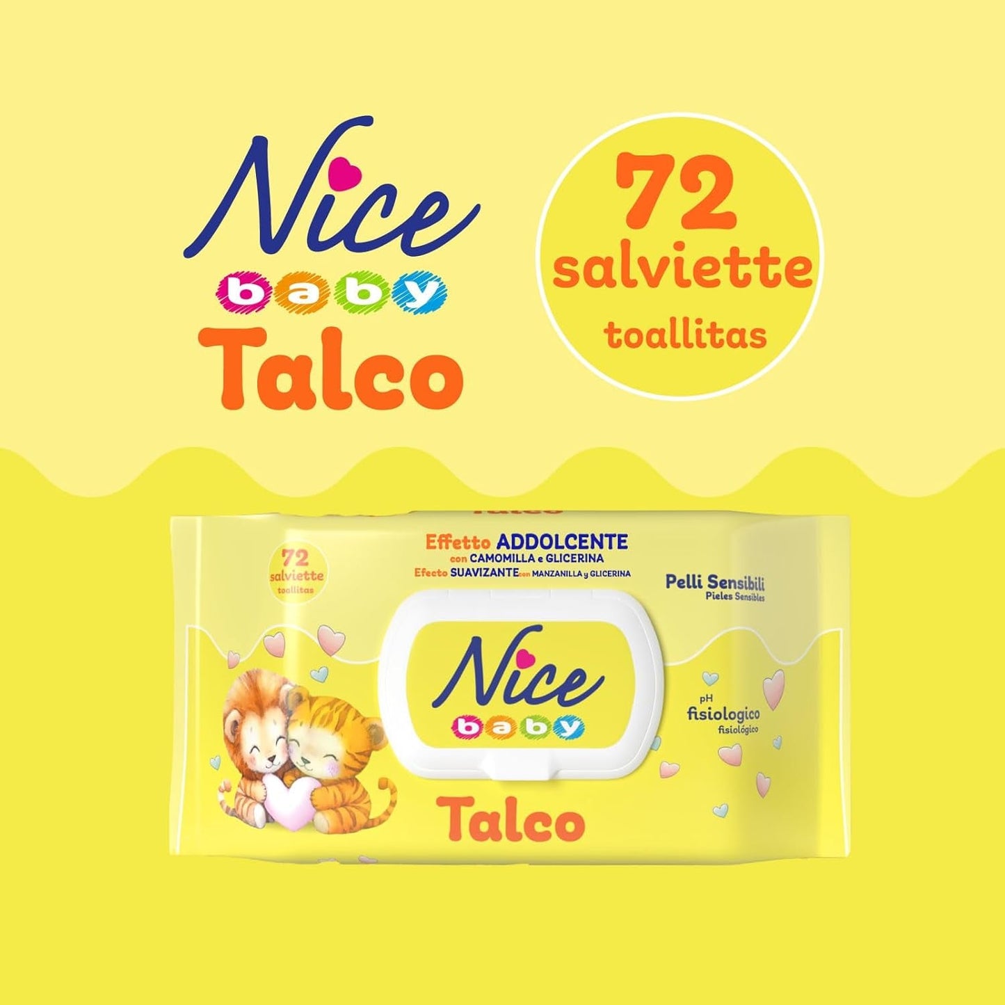 Șervețele umede NICE pentru bebeluși, 72 bucăți, cu capac, parfum de talc, materiale naturale, curățare delicată, bebeluși, 1 buc.