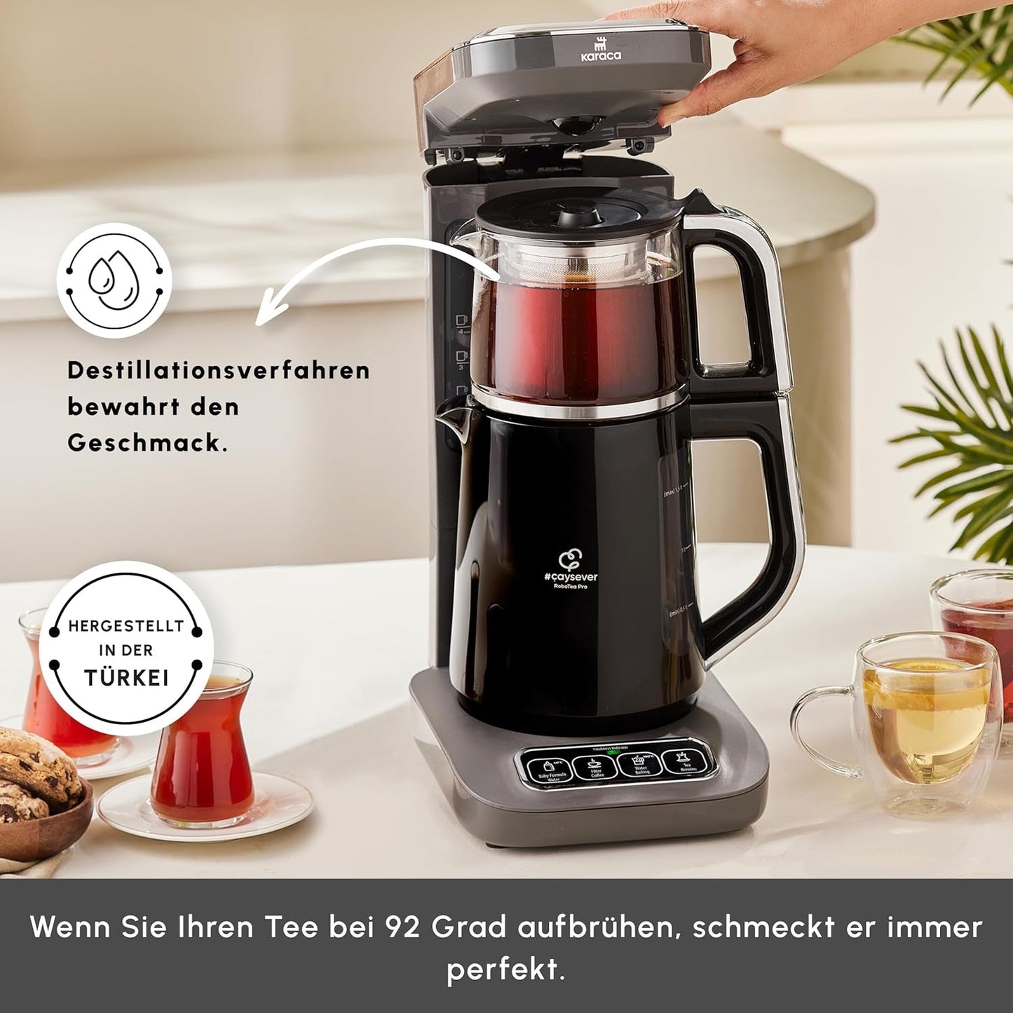 Karaca Caysever Robotea Pro Aparat de ceai automat vorbitor 4 în 1 cu filtru, încălzitor de terci și aparat de ceai la ibric, 2500 W, ceainic turcesc gri spațial