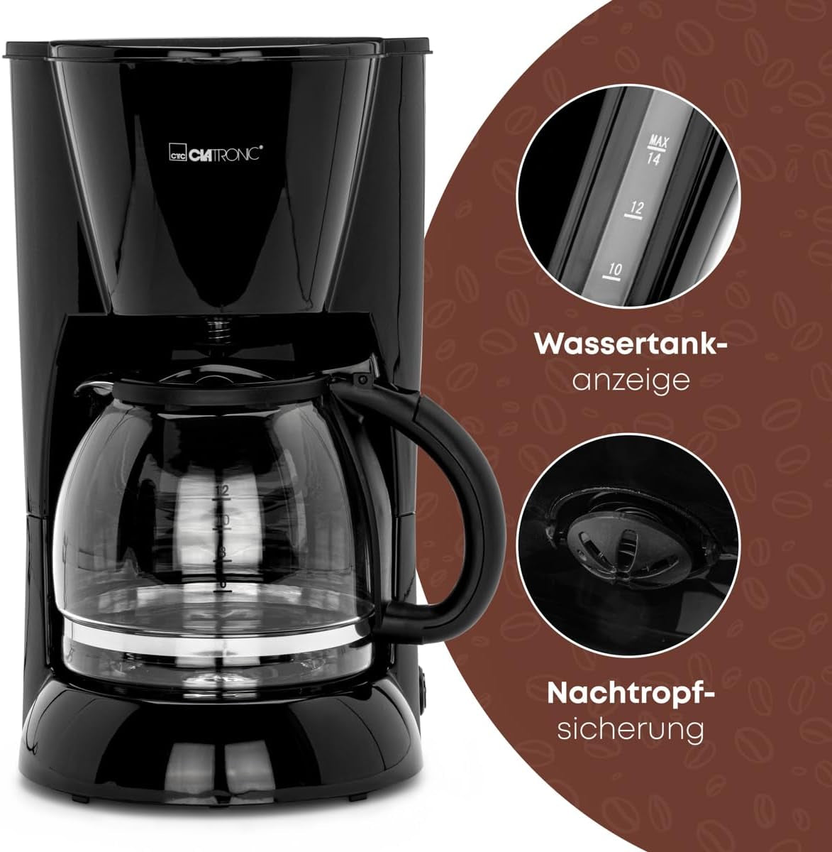 Espressor Clatronic® | Espressor automat pentru 12-14 cești (aprox. 1,5 litri) | Espressor cu filtru și sistem anti-picurare | 900W | Espressor KA 3473 Negru