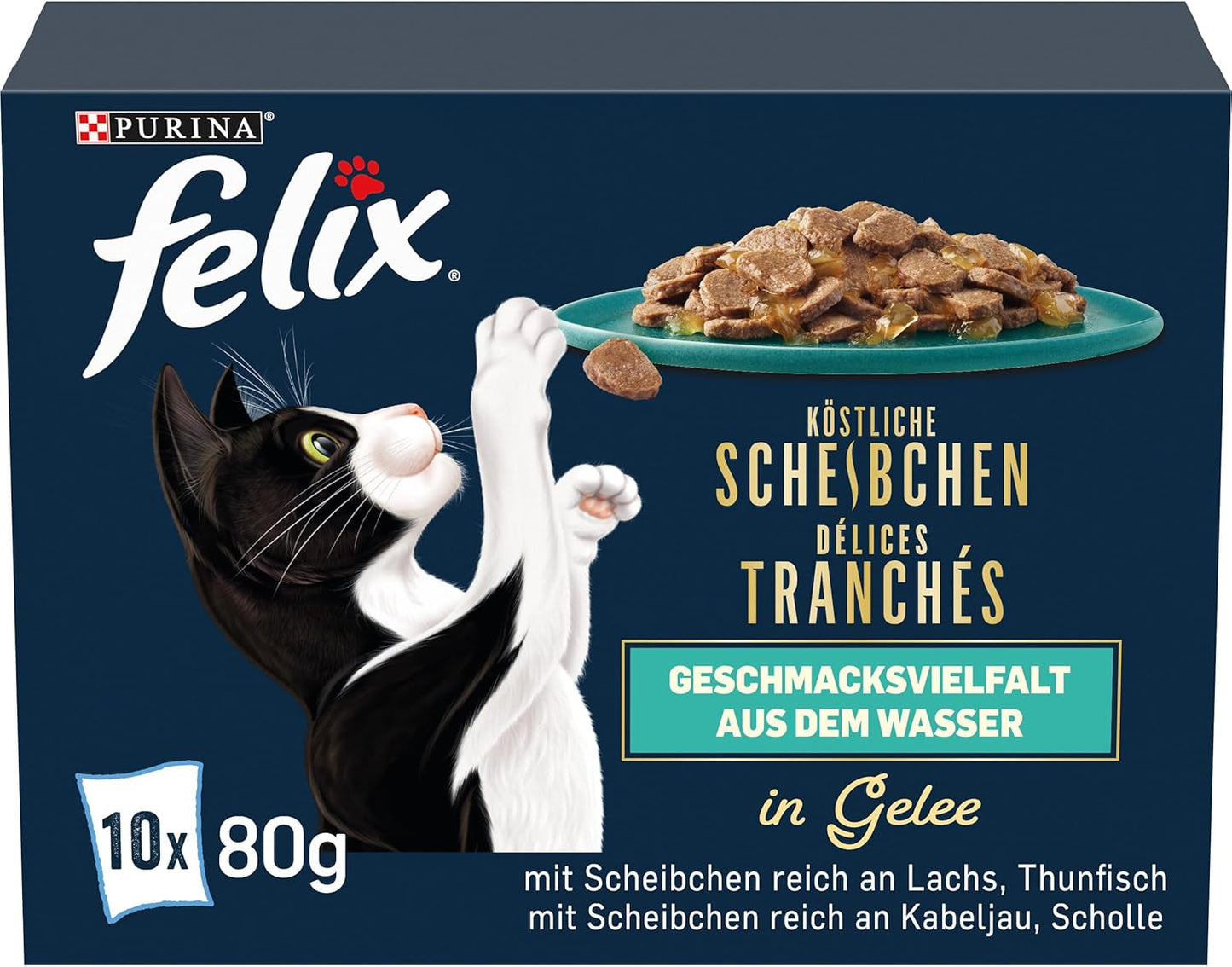 Felix Delicious Hrană umedă feliată pentru pisici în jeleu, varietate de arome de la apă, pachet de 6 (6 x 10 pliculețe a câte 80g fiecare)