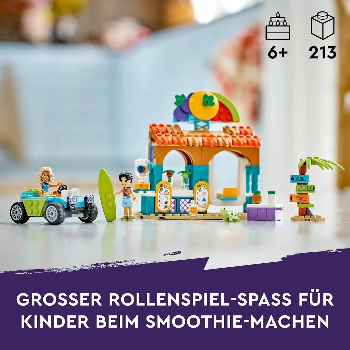 LEGO Friends Smoothie Stand At The Beach, set de joacă pentru jocuri de rol, idee de cadou pentru fete și băieți de la 6 ani cu figuri de joacă, broască țestoasă și accesorii, jucărie pentru dezvoltare socială 42625 Seturi de constructie Besuche den LEGO-Store