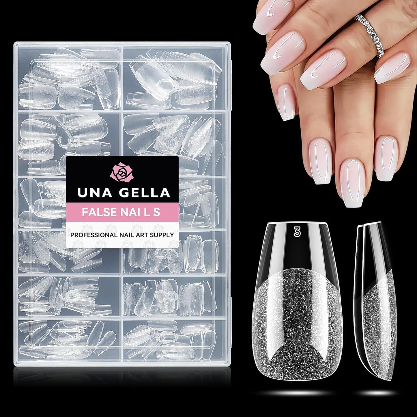 Tipuri de unghii balerină pentru unghii cu gel, 216 bucăți, 12 mărimi, tipuri de unghii cu gel moale, acoperire completă, set pentru extensii de unghii, semi-mate, DIY, artă acasă