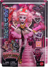 Păpușa Monster High Scary Sweet Birthday, Cupid Asteria, într-o rochie de petrecere roz și roșie, cu accesorii tematice precum invitație, balon, cadou și multe altele, JBG77