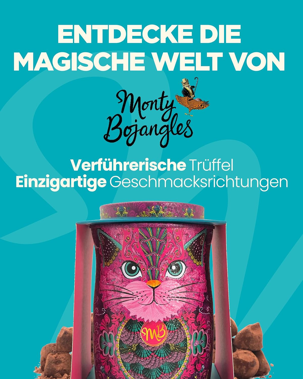 Trufe de ciocolată Monty Bojangles Savanna Gold (135g) pudrate cu cacao, praline, set cadou într-o cutie individuală de colecție cu design de pisică, aromă de scotch Flutter