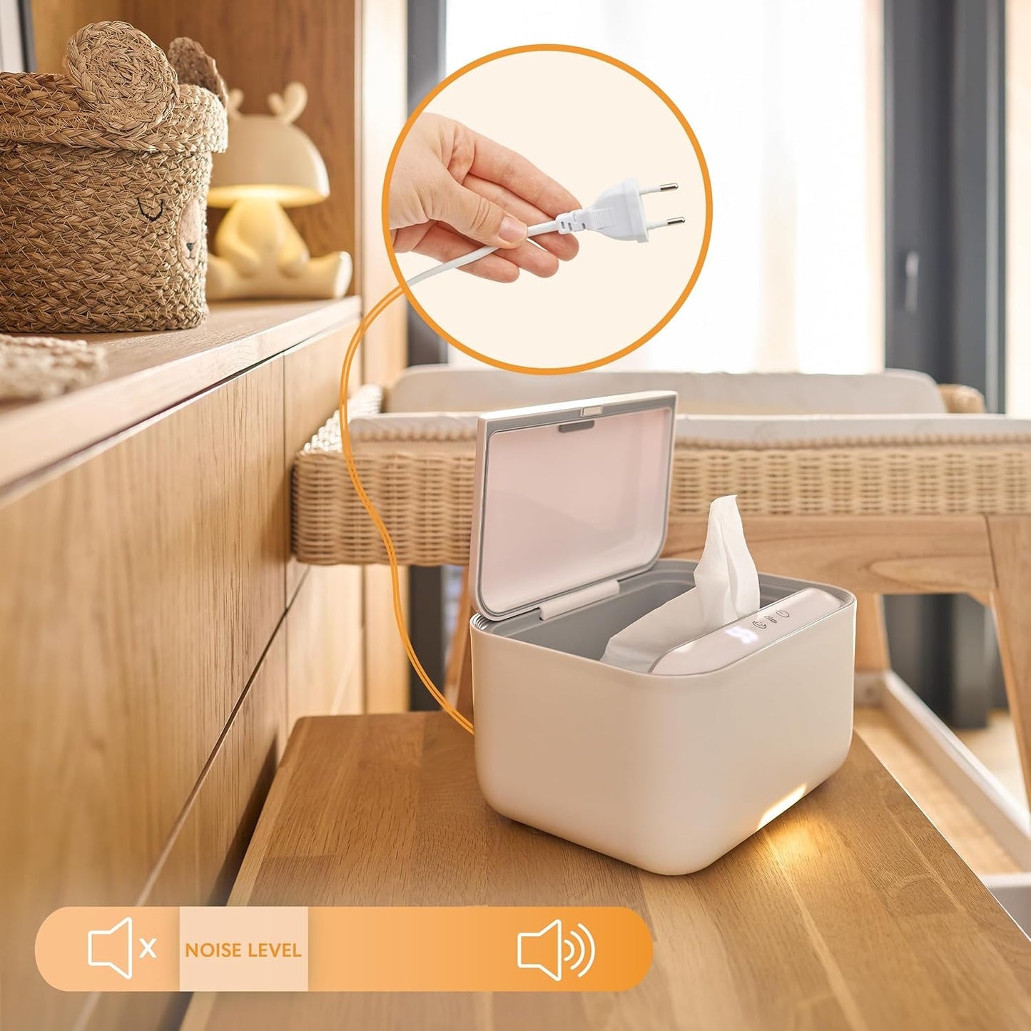 Încălzitor Lionelo BABYBLISS 20W pentru șervețele umede și prosoape mici, 20W pentru bebeluși, lumină de noapte încorporată, 3 setări de căldură, panou tactil, menține șervețelele umede