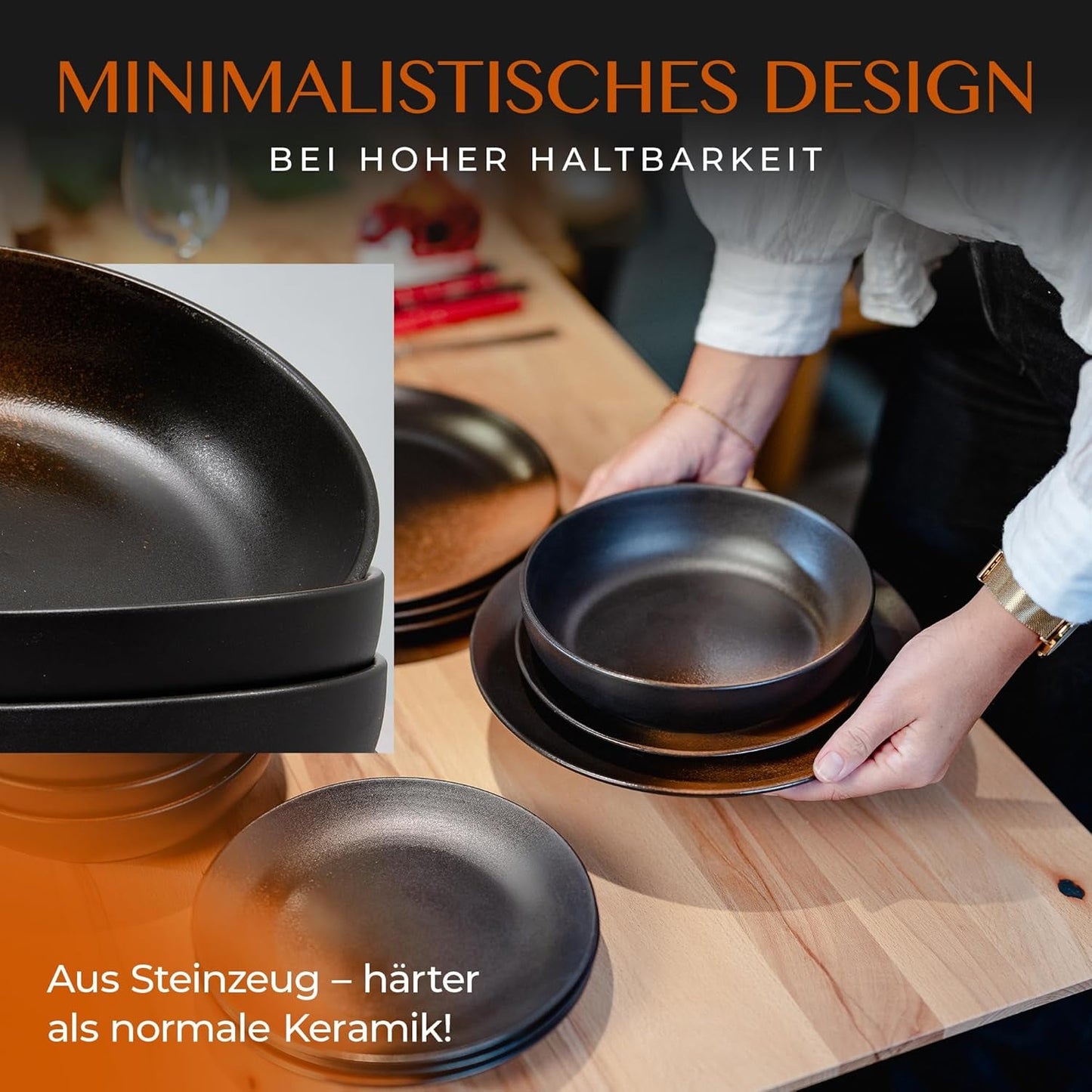 Set de veselă din gresie, format din 12 piese – Prairie Line – design elegant în tonuri de maro/negru, set format din 4 farfurii de cină, 4 farfurii de desert și 4 farfurii de sumă/Colecția Premium