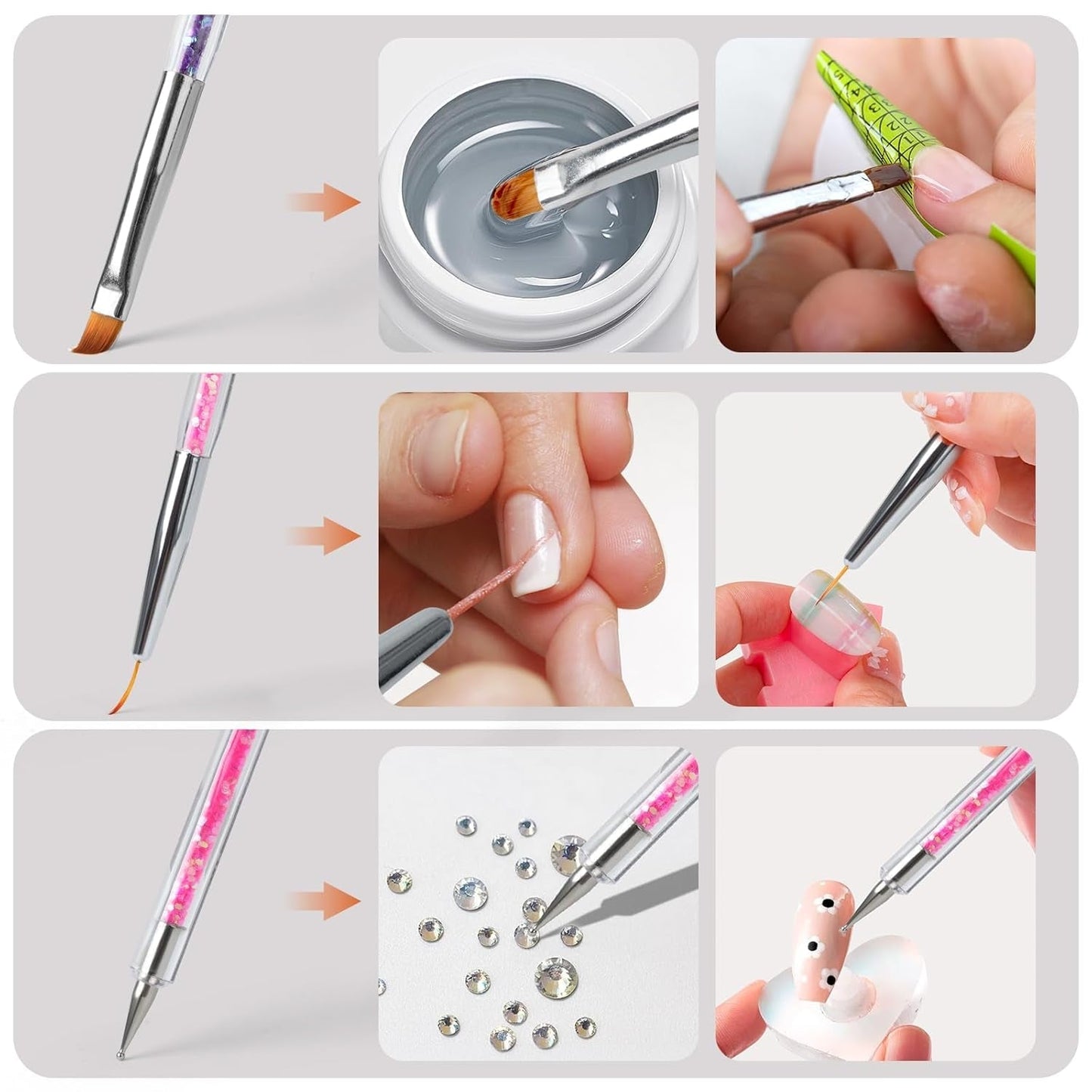 8 Stück Nagel Pinsel, Nagelkunstpinsel Pinsel Set, Pinsel Für Nägel Mit Doppelkopf Nail Art Pinsel Set Dotting Pen Und Gel Brush for Nails Präzise Pinsel Für Nageldesign Und Verzierungen