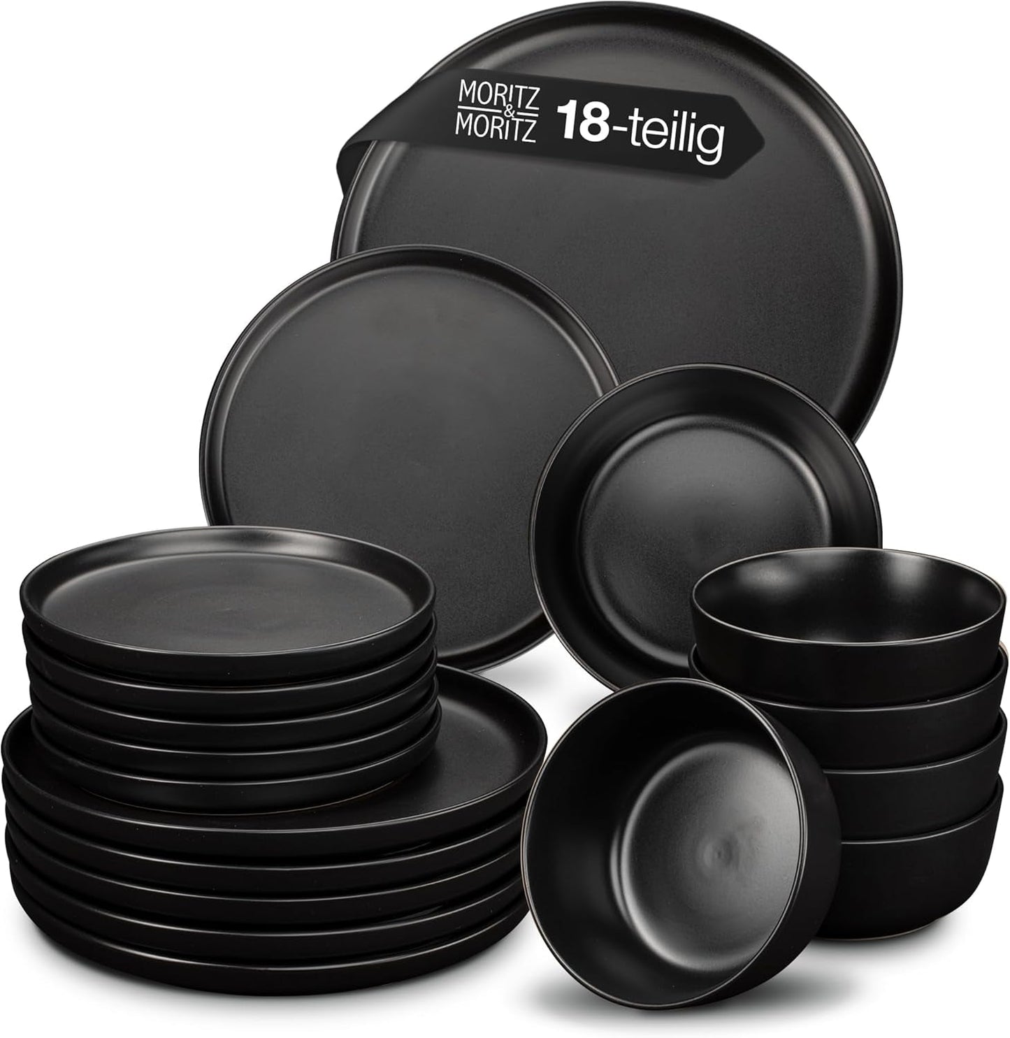 Set de veselă Moritz & Moritz NORDIC pentru 6 persoane - Set de veselă din gresie neagră cu 18 piese - Design scandinav - Set de farfurii robust pentru 6 persoane pentru uz zilnic și pentru oaspeți - Set de veselă combinat