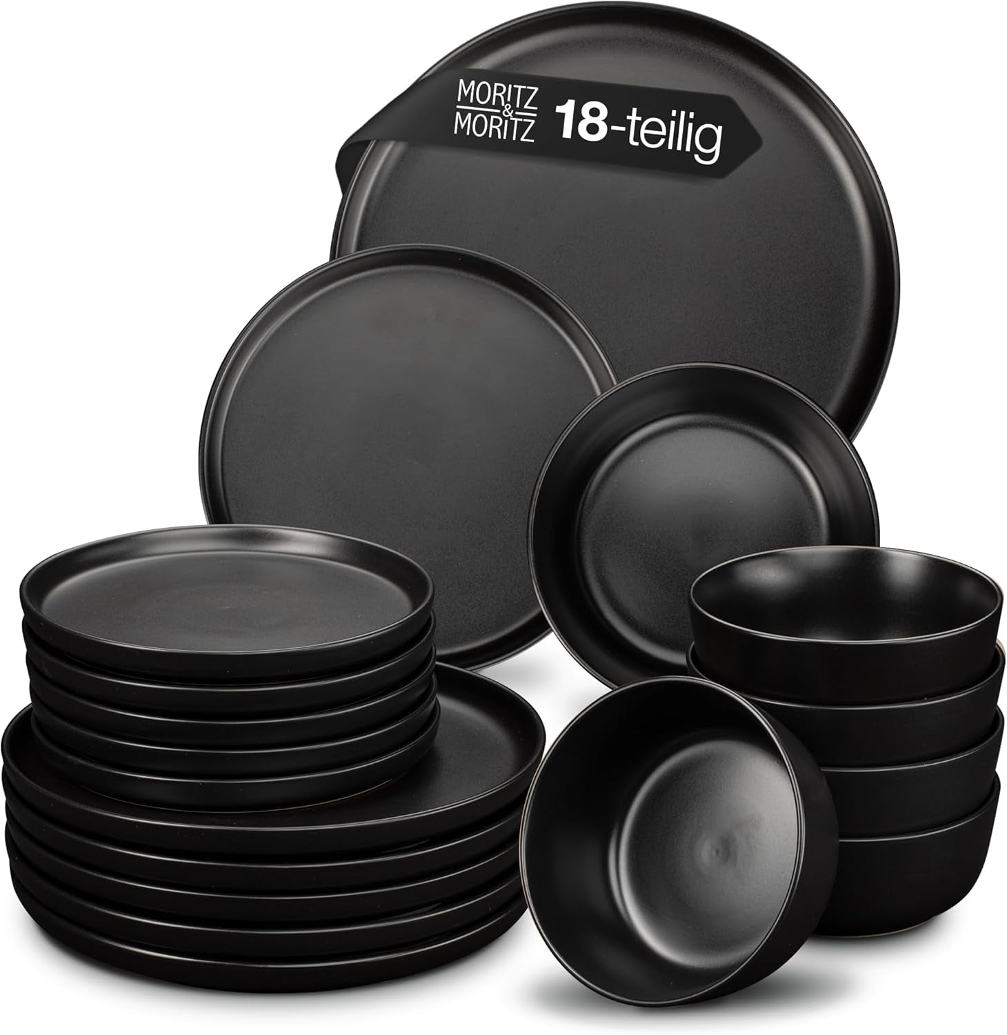 Set de veselă Moritz & Moritz NORDIC pentru 6 persoane - Set de veselă din gresie neagră cu 18 piese - Design scandinav - Set de farfurii robust pentru 6 persoane pentru uz zilnic și pentru oaspeți - Set de veselă combinat