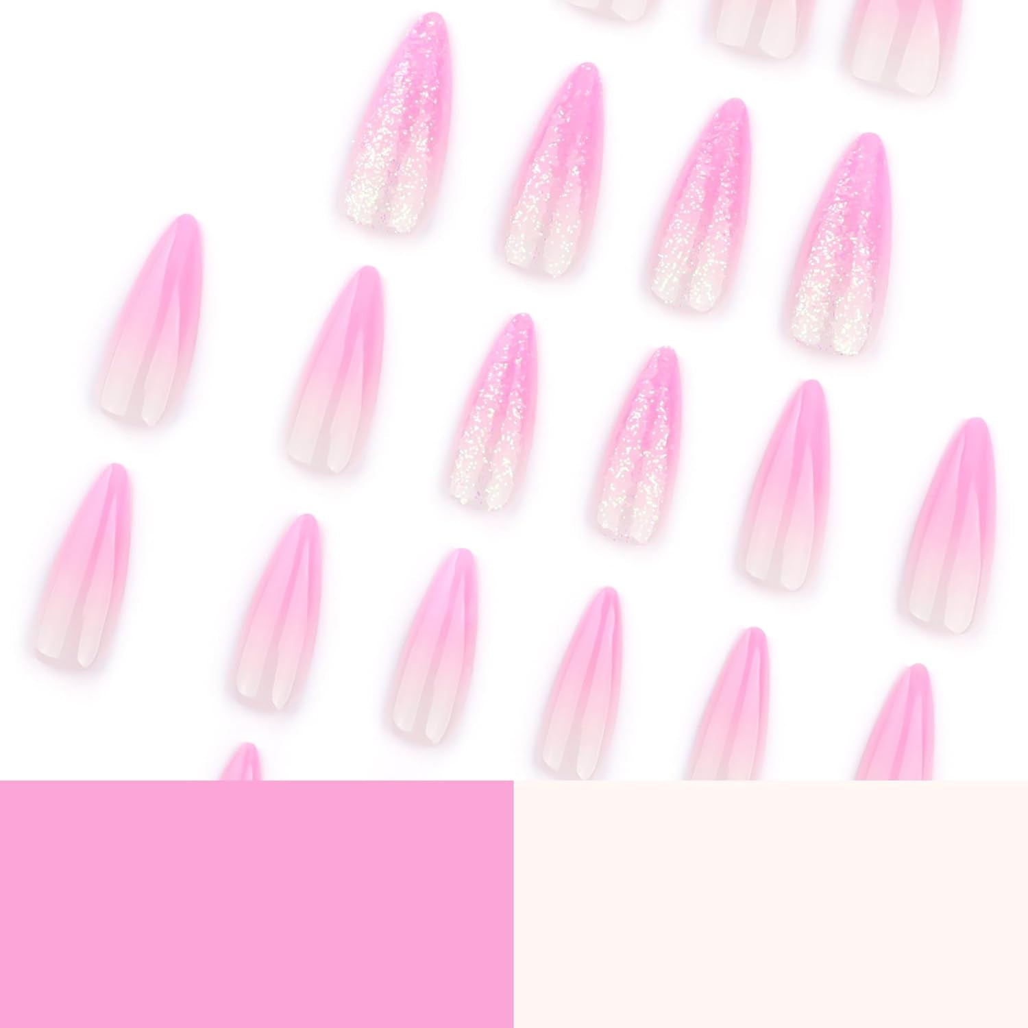 Mouyouglow Unghii lungi, Stiletto, alb lăptos, gradient roz, sclipici, cool, unghii false cu lipici, unghii artificiale roz Ombre sclipici