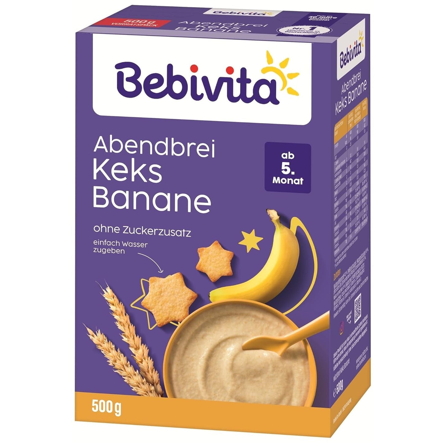 Terci de seară cu biscuiți și banane (4x500g), terci de lapte de la 5 luni, fără zahăr adăugat, cu minerale și vitamine valoroase, foarte sățios