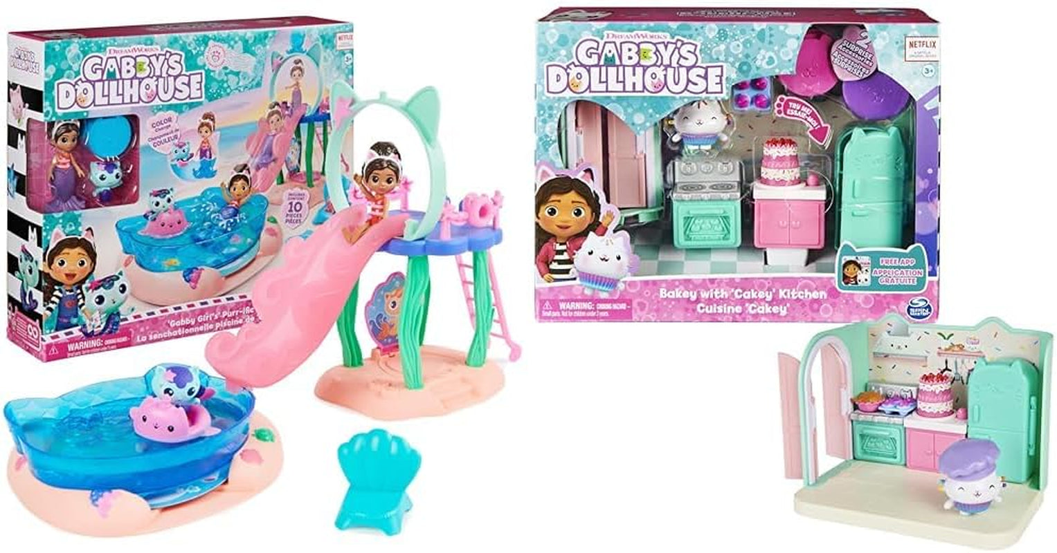 Casa de păpuși a lui Gabby, set de joacă Purific Pool Party cu figurine Gabby și Meerkat și cameră Deluxe, copt cu Cakey, bucătărie cu Kuchi (ENGL. Cakey)