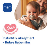 Suzete MAM Original, pachet de 2, suzete pentru bebeluși prietenoase cu dinții, fabricate din materiale sustenabile și bioregenerabile, tetine din silicon MAM SkinSoft, cu cutie pentru suzetă, 6-16 luni, albastru/albastru deschis