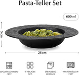 MIAMIO – Set de 4 farfurii pentru paste, 26 cm, farfurii adânci mari pentru supă, veselă ceramică modernă, alb-negru, potrivită pentru cuptorul cu microunde și mașina de spălat vase – Colecția Oasis (Negru)