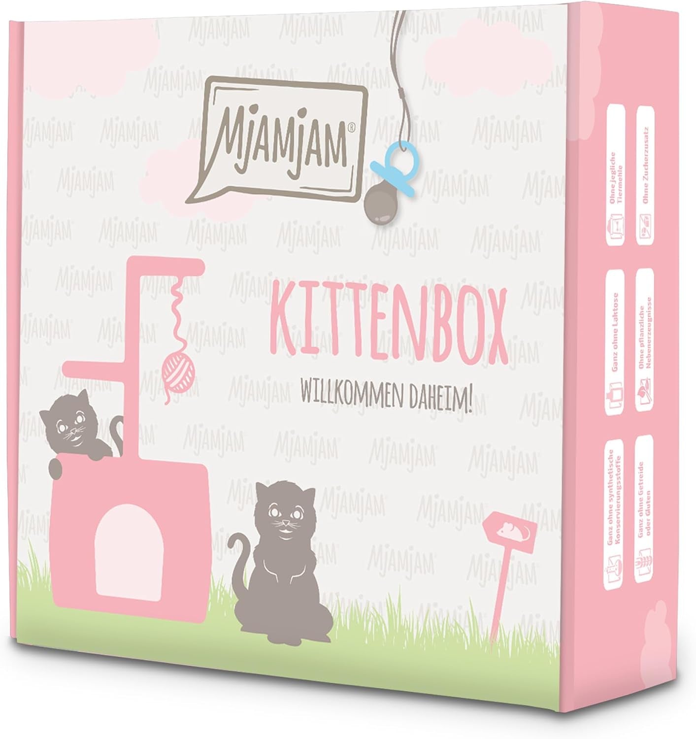 MjAMjAM - Hrană umedă premium pentru pisici - Cutie pentru pisoi - 3x Pui cu ulei de somon și 3x Vițel cu ulei de somon, pungă cu hrană, pix, capac cutie, pachet de 6 (6 x 200 g)