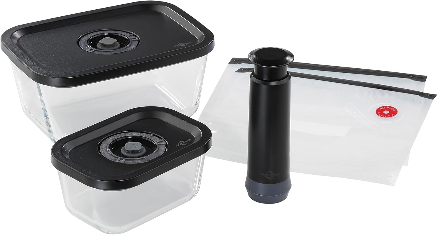 Set de vid Küchenprofi EASYFRESH | Set din 7 piese | 1x pompă electrică de vid, 1x borcan de vid S, M și L, 3x pungi de vid 22x21 cm | sticlă borosilicată, plastic de înaltă calitate | preparare și depozitare Cutii depozitare alimente Naty Shop Set aspirator 5 piese