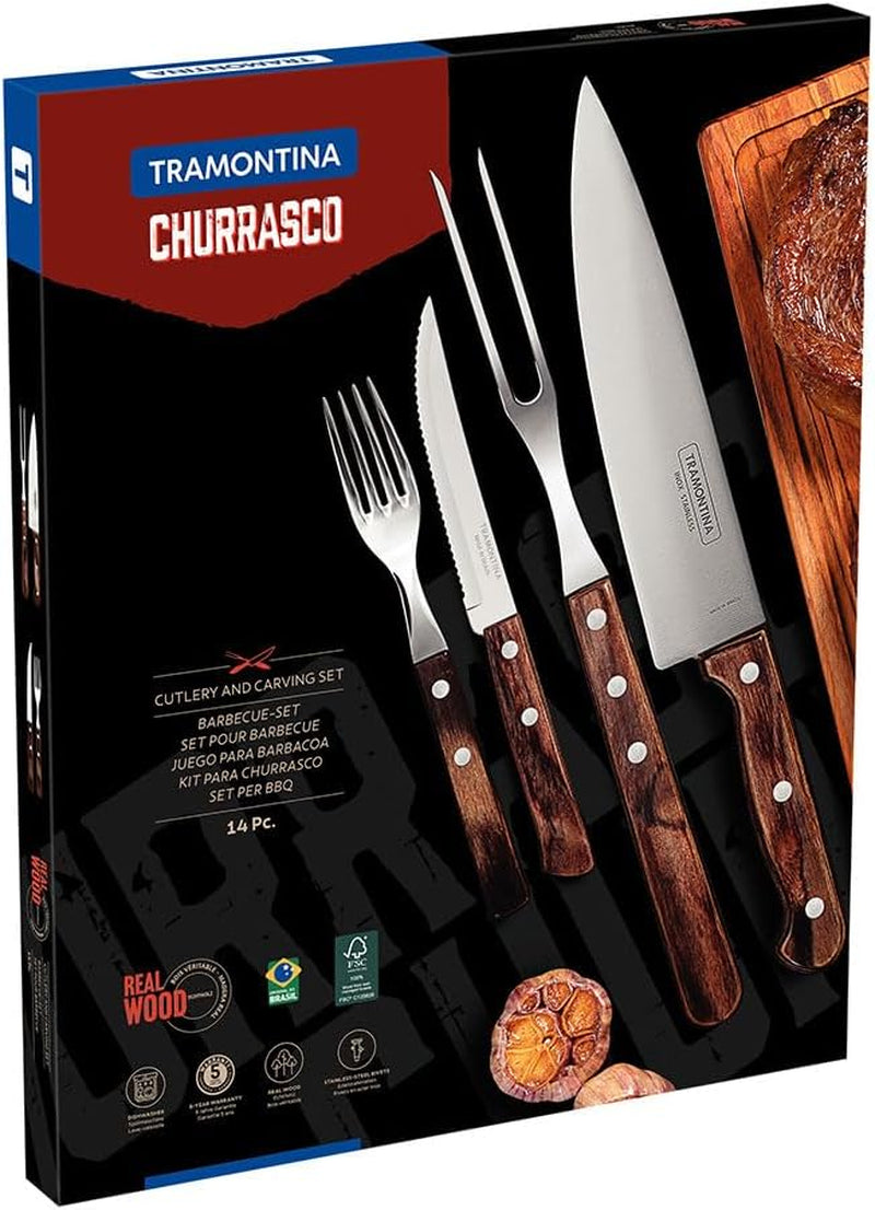Set de tacâmuri pentru grătar Tramontina, 14 piese, din oțel inoxidabil, set pentru grătar cu tacâmuri pentru friptură Bucatarie Naty Shop