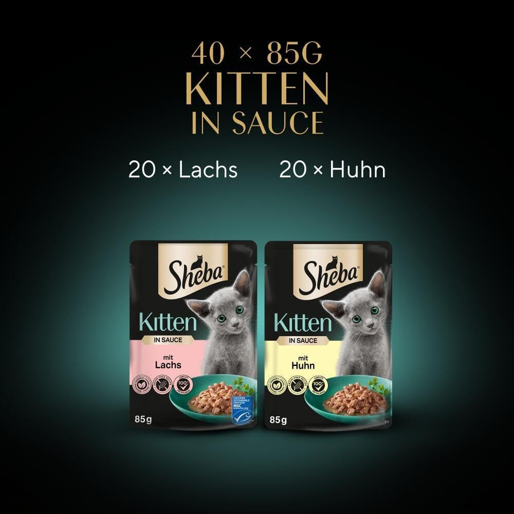 Hrană umedă Sheba pentru pisoi, în pliculețe variate, cu somon (MSC) și pui în sos, pachet multiplu 40x85g