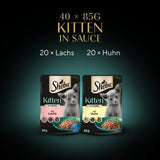 Hrană umedă Sheba pentru pisoi, în pliculețe variate, cu somon (MSC) și pui în sos, pachet multiplu 40x85g