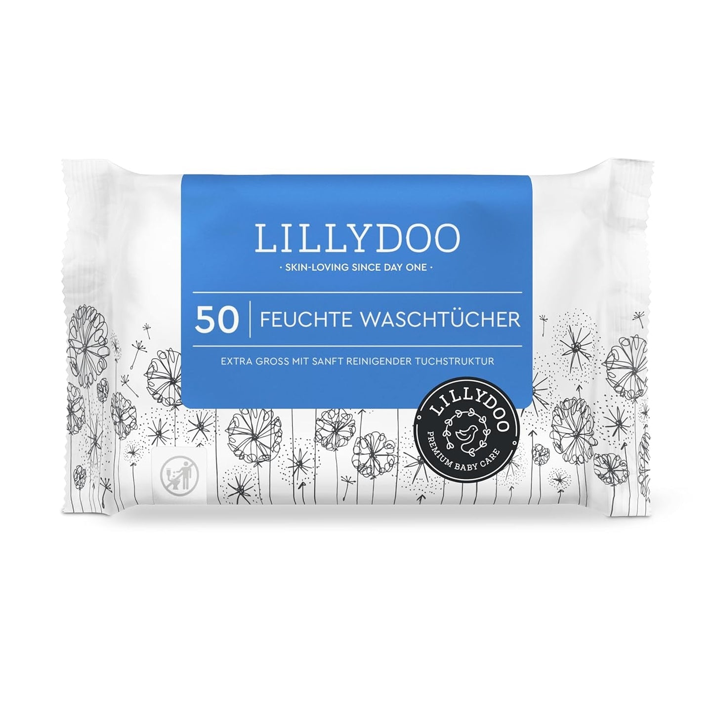 Șervețele umede LILLYDOO, 50 de bucăți, 100% fără plastic, șervețel extra mare, fără parfum
