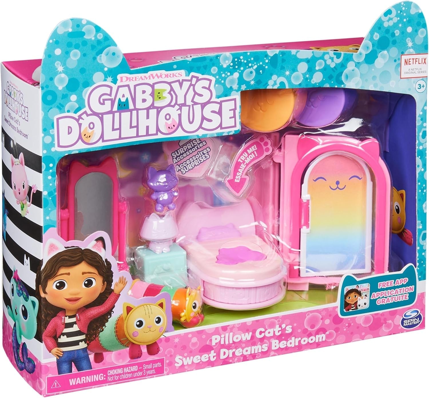 Camera Deluxe a casei de păpuși Gabby, cameră cu figurină pisică, mobilier și 2 cutii surpriză cu accesorii tematice, potrivită pentru copii cu vârsta de 3 ani și peste