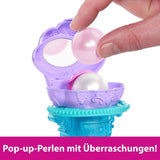 Jucării Mattel Disney Princess, Păpușă la modă Ariel Sirenă cu aripioară caudală detașabilă, Masă de toaletă cu 5 surprize pop-up repetabile și 5 accesorii, JBF86