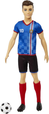 Barbie You Can Be Anything Series, Păpușă Ken Fotbalist, Păpușă Ken cu păr șaten, tricou albastru, fotbal, 1X Păpușă Ken Fotbalist, cadou pentru copii, jucării de la 3 ani, Hcn15 Papusi Naty Shop