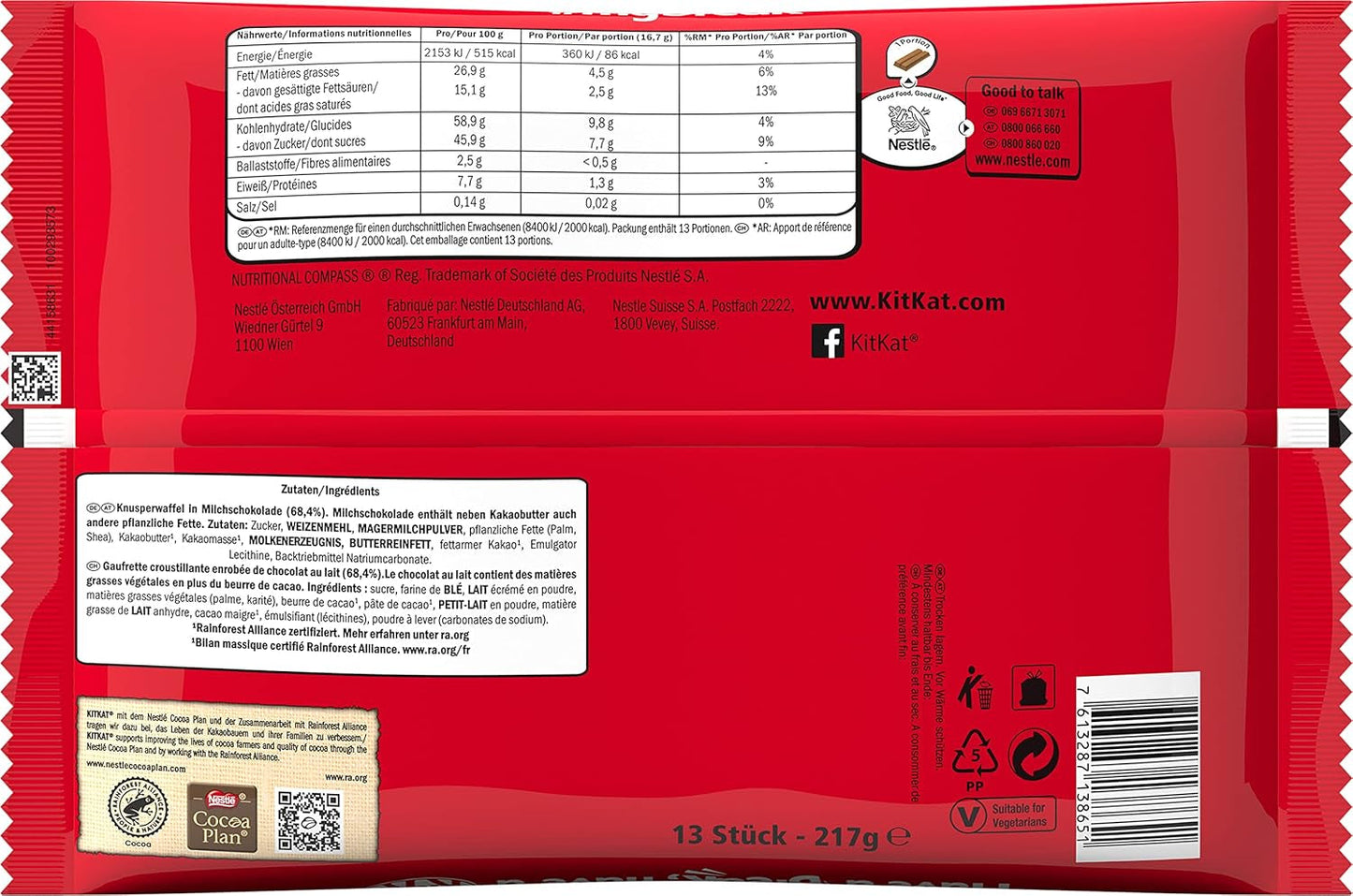 Batoane mini de ciocolată Nestlé, batoane crocante cu ciocolată cu lapte și napolitană crocantă, pachet de 3 (1 x 217g)