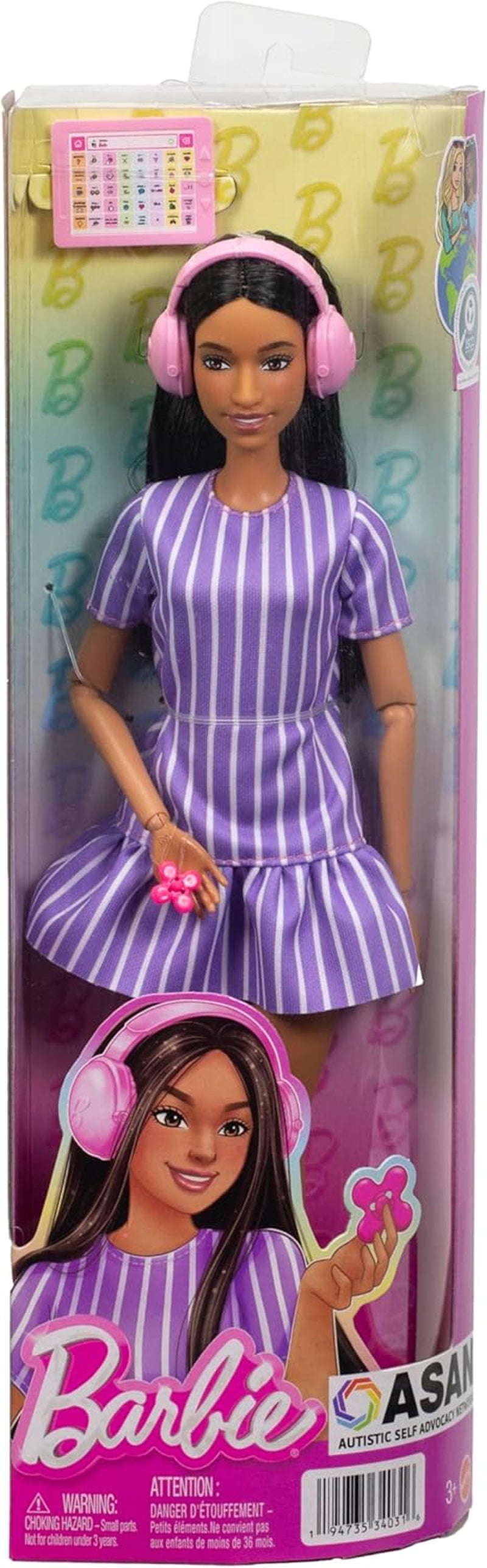 Păpușa Barbie Fashionistas nr. 245, păpușă autistă cu rochie mov cu dungi și accesorii precum fidget spinner, tabletă și căști, JJN58