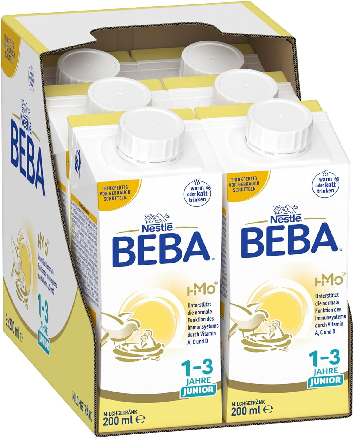 Băutură cu lapte gata de băut BEBA Junior 1-3 ani, cu HMO, conținut de proteine adecvat vârstei, fără ulei de palmier, fără ulei de pește, hrană pentru copii mici, pachet de 6 (6 x 200 ml)