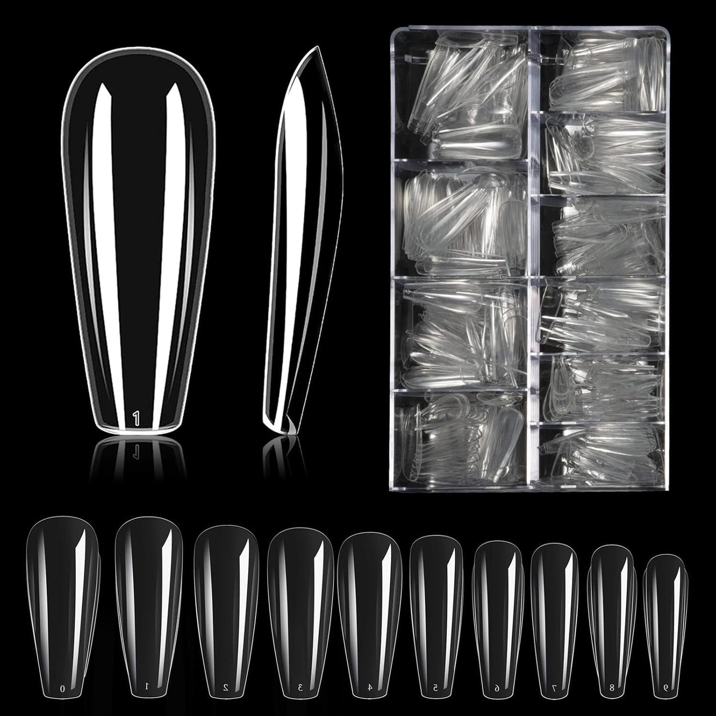 Tipuri de unghii, 500 bucăți de vârfuri de unghii false acrilice artificiale cu cutie de depozitare pentru saloane de unghii și nail art DIY acasă, 10 dimensiuni