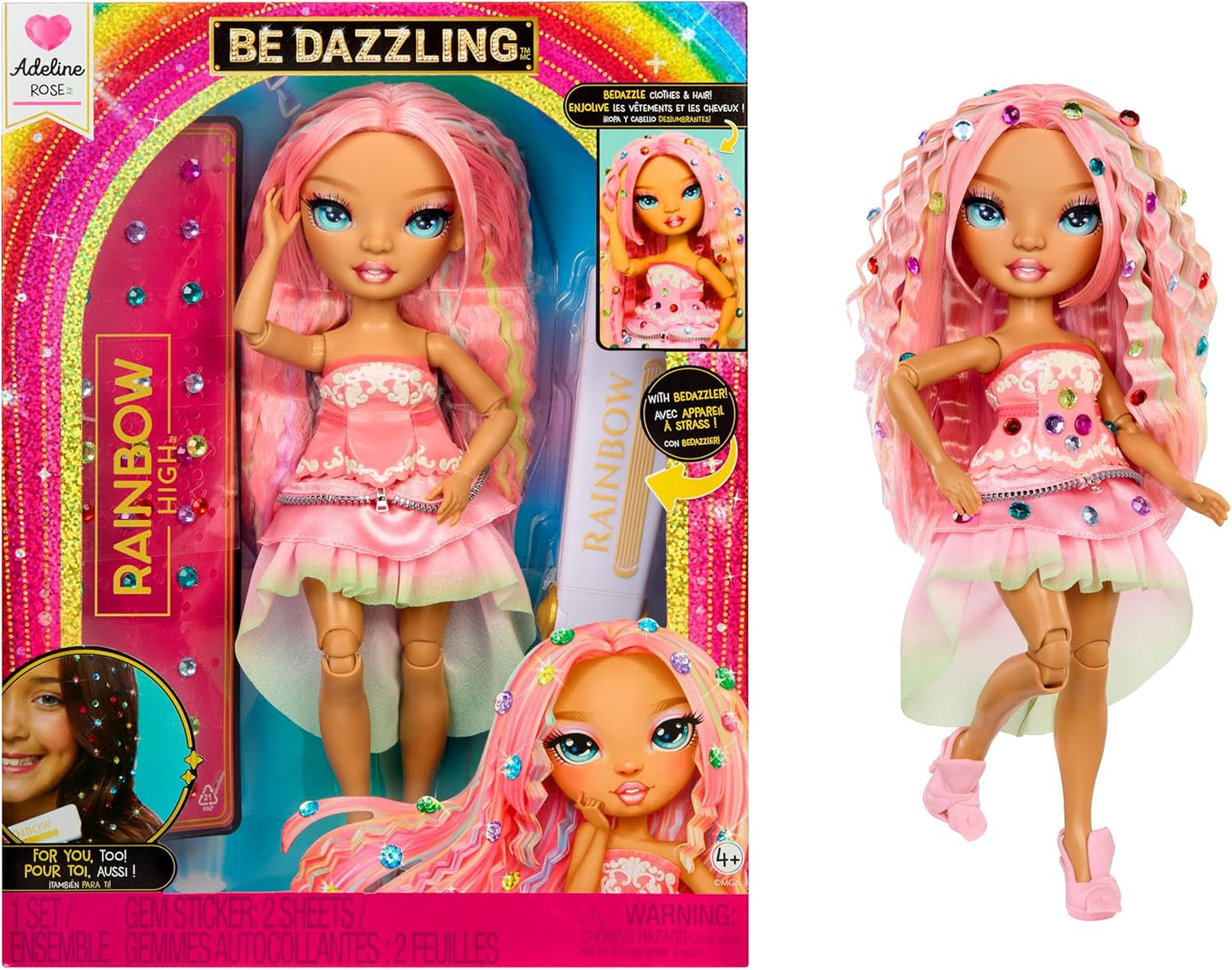 Rainbow High Be Dazzling – Adeline Rose – Păpușă la modă roz, 28 cm, cu unealtă de decorat, pietre prețioase strălucitoare și accesorii de styling
