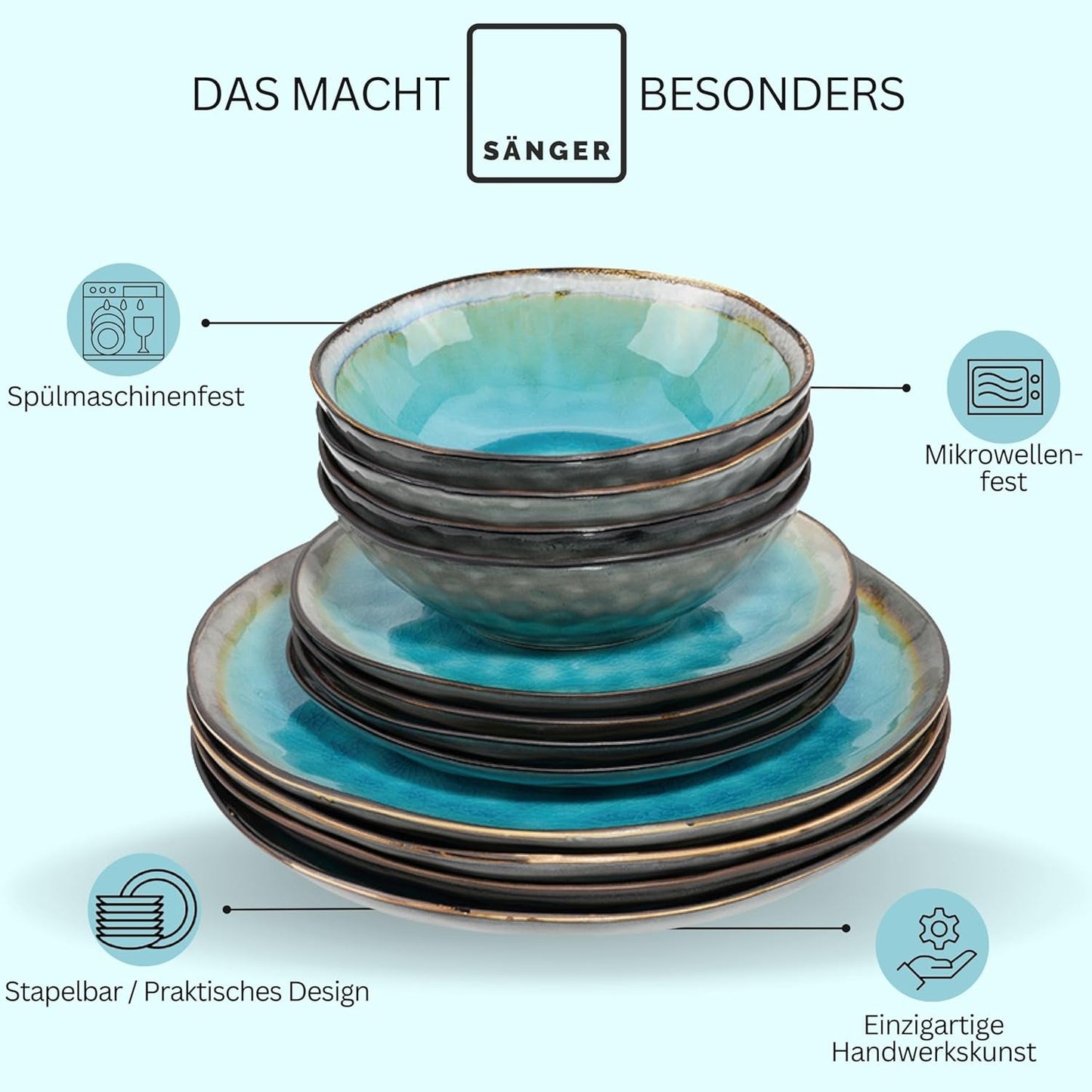 SÄNGER | Set de veselă Capri cu 12 piese, set de farfurii pentru 4 persoane, veselă din gresie, inclusiv farfurii de cină, farfurii de desert și farfurii de sumă, serviciu de cină turcoaz lucrat manual cu margine gri | COLECȚIA PREMIUM