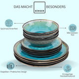 SÄNGER | Set de veselă Capri cu 12 piese, set de farfurii pentru 4 persoane, veselă din gresie, inclusiv farfurii de cină, farfurii de desert și farfurii de sumă, serviciu de cină turcoaz lucrat manual cu margine gri | COLECȚIA PREMIUM