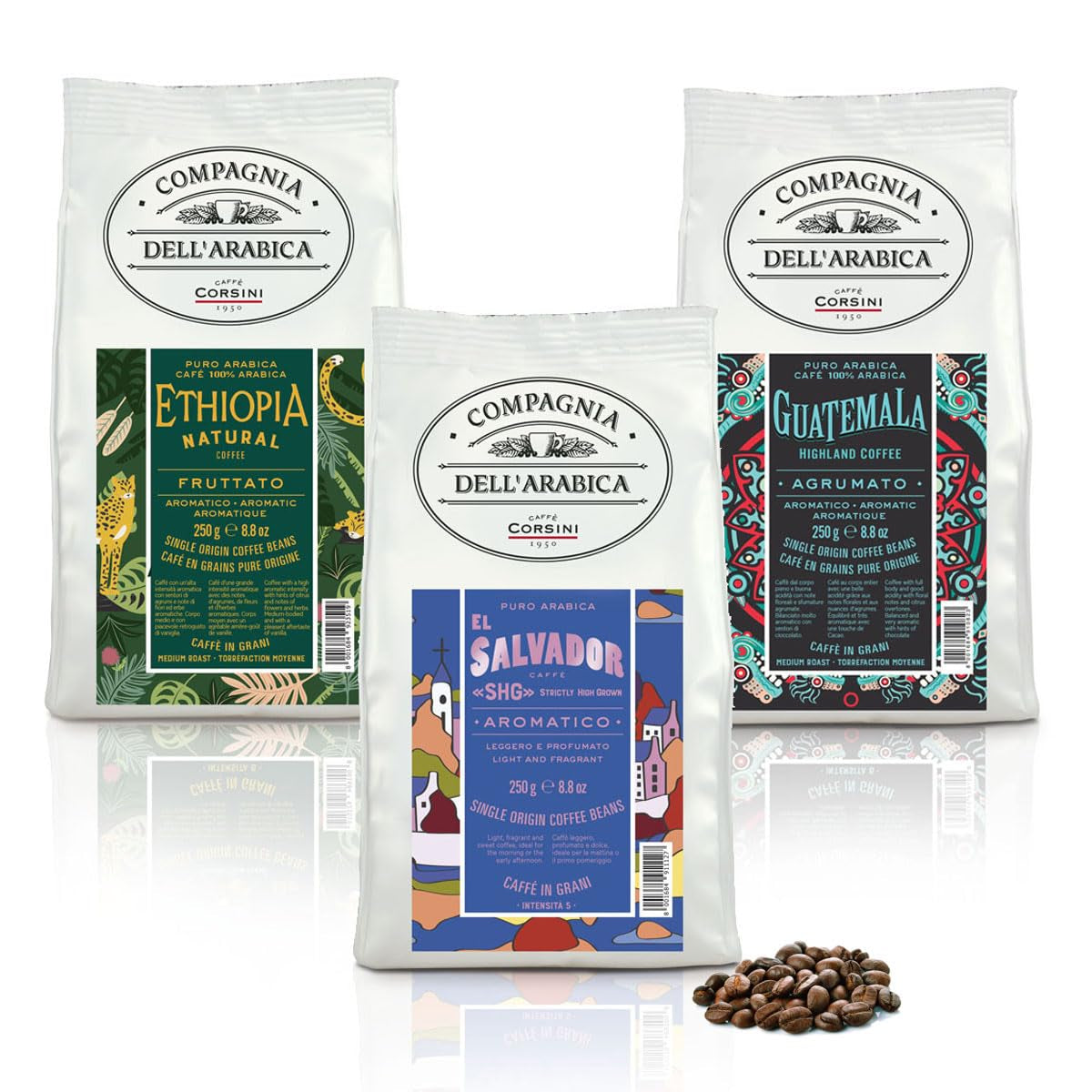 Caffè Corsini - Kaffeebohnen 3x250g Compagnia Dell'Arabica Set Guatemala/Äthiopien/El Salvador, Einzelner Ursprung, insgesamt 750g