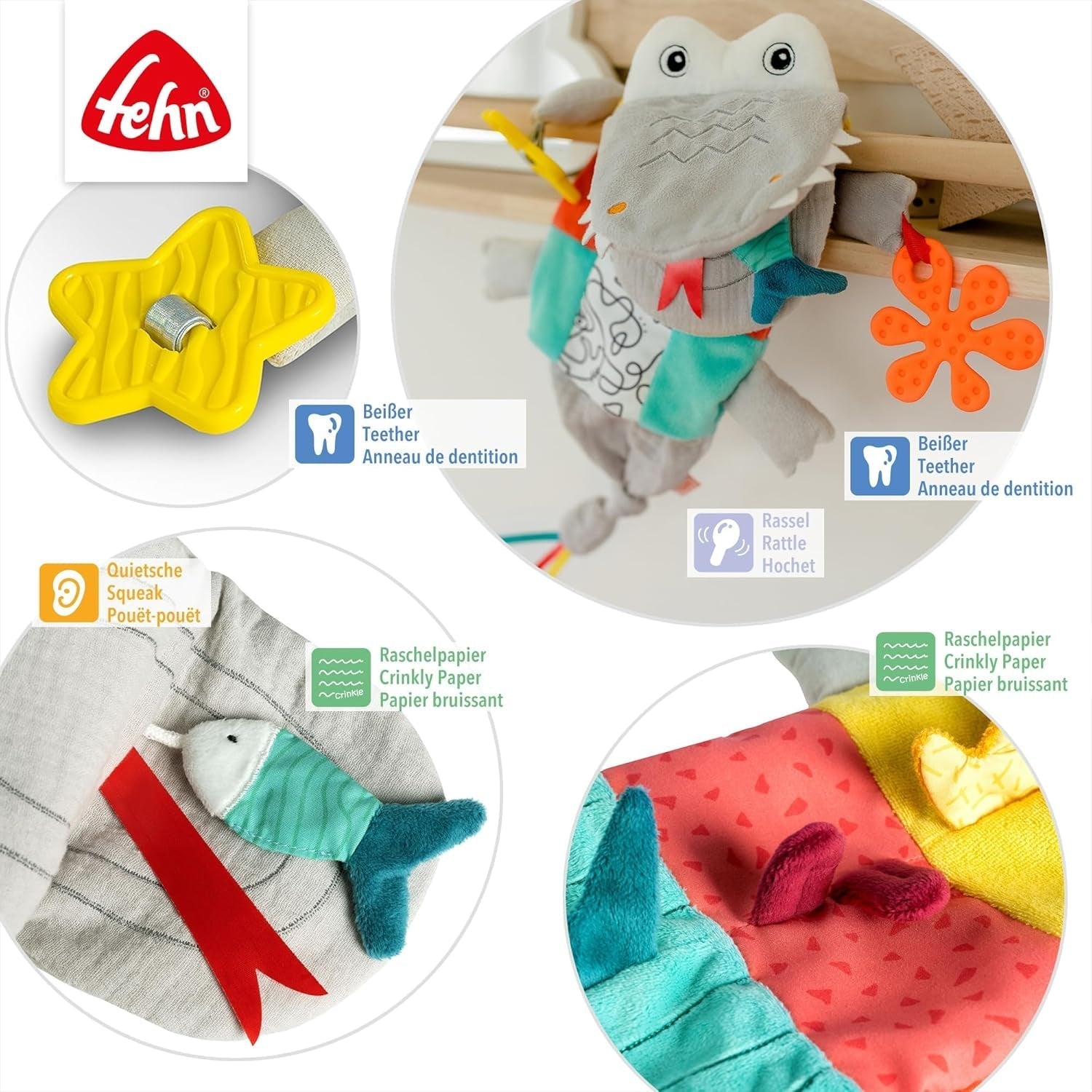 Fehn păpușă de mână pentru bebeluși crocodil - jucărie de pluș cu zornăitor, hârtie care foșnește, teether și squeaker - păpușă de mână pentru bebeluși - jucărie care pocnește pentru bebeluși și copii mici de la 6+ luni Jucarii Bebe Naty Shop