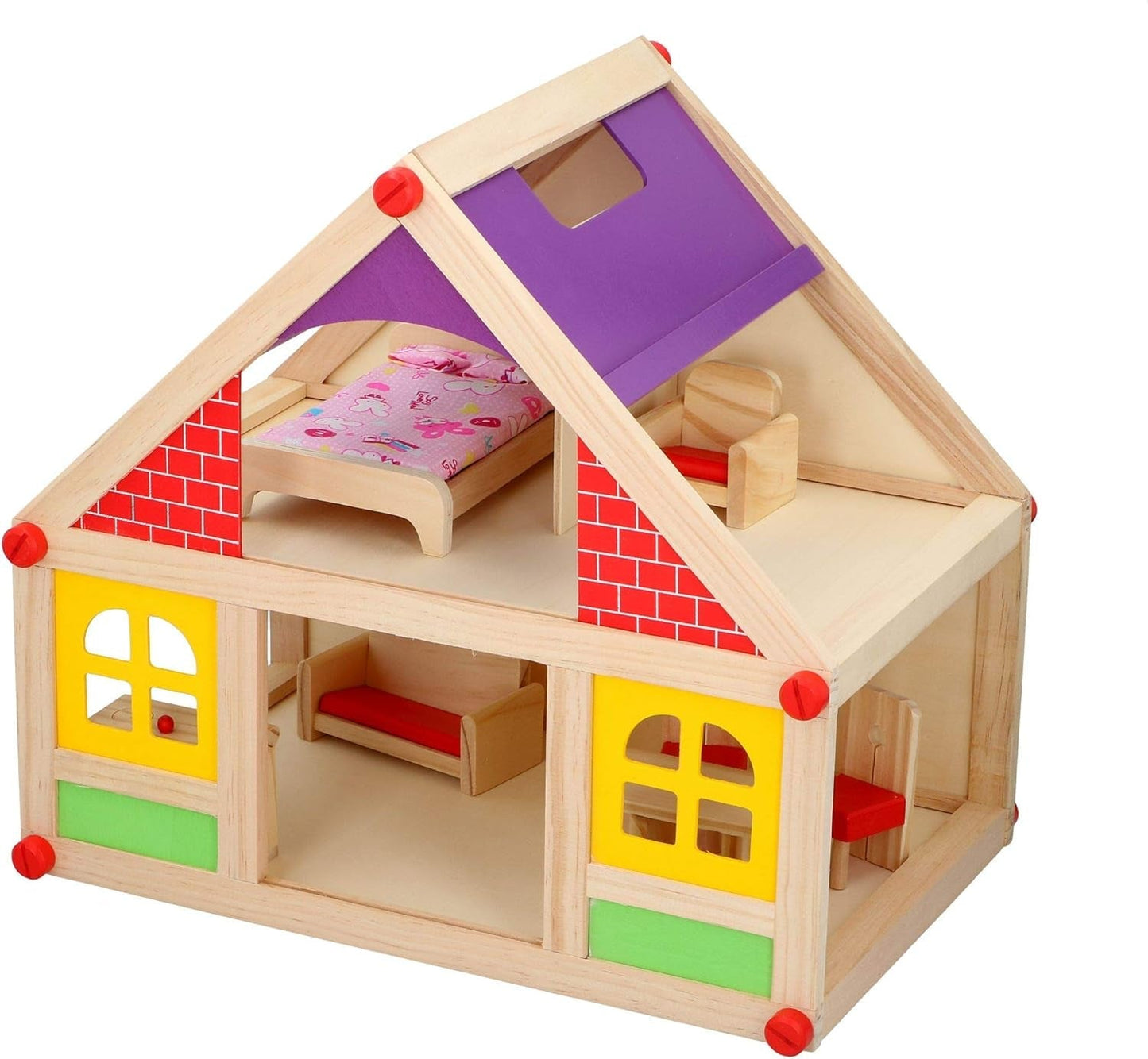 Marionette Wooden Toys - Casă de păpuși din lemn cu mobilier și păpuși - 11 bucăți Casute de papusi Naty Shop