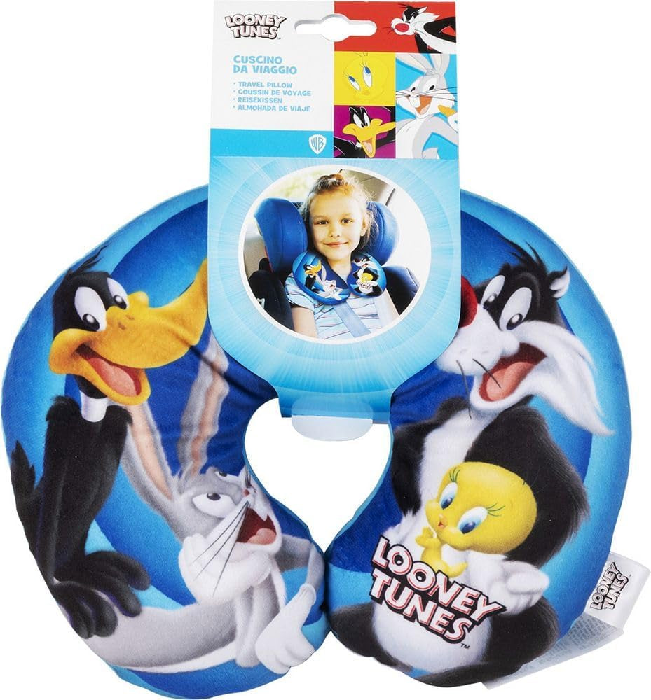 Warner Bros Looney Tunes pernă de gât pentru copii pentru fete, mașină de călătorie moale, Bugs Bunny, Daffy Duck, Silvestro Titti, confort, desene animate, albastru Perne calatorie Naty Shop