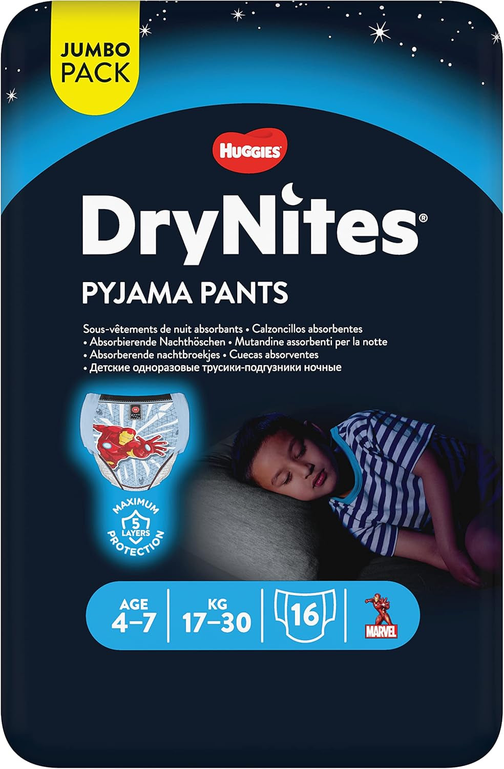 Scutece absorbante DryNites pentru noapte, pentru enurezis, pentru băieți 4-7 ani (17-30 kg), pachet lunar jumbo, 64 bucăți