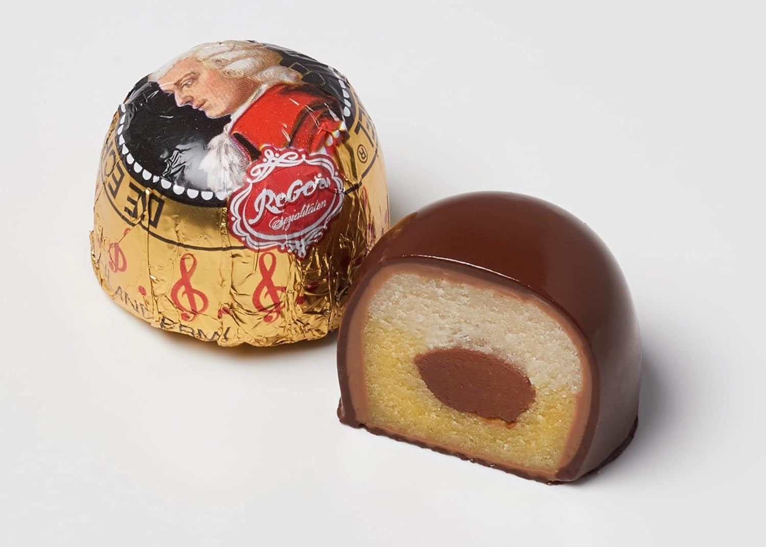 Reber, Duet Mozart-Kugeln, pachet de 2, bile Mozart din ciocolată neagră umplute cu fistic și marțipan, migdale și nuga cu alune, 40g (2 bile Mozart)