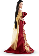 Păpușă Barbie Signature de Anul Nou Lunar în rochie roșie cu model de bujori aurii, jucărie de colecție, JJX83