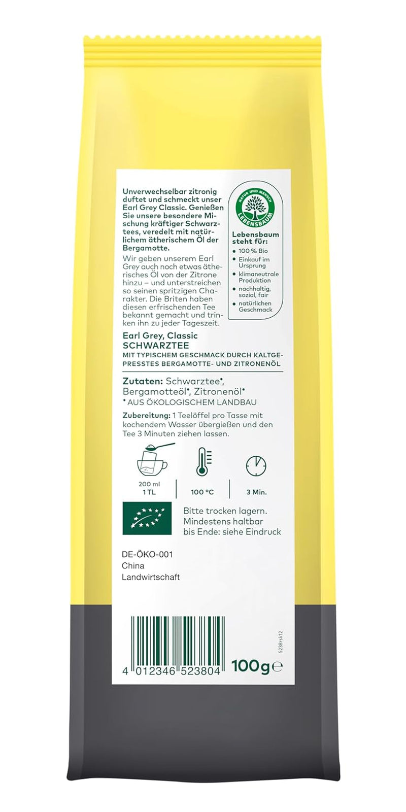 Lebensbaum Earl Grey Classic, ceai negru cu ulei natural de bergamotă și lămâie, armonios, aromat, 100% organic, vrac, 100 g