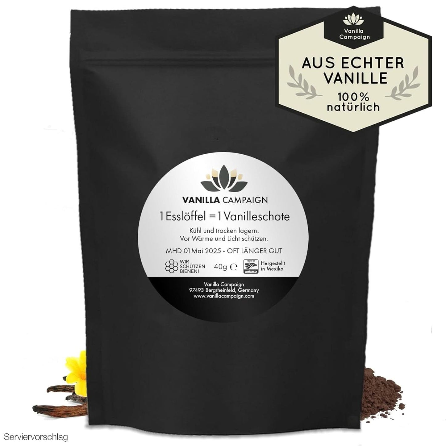 Pulbere de vanilie premium din boabe de vanilie reale, naturală, fără zahăr, fără aditivi, Fairtrade, vegană (40G fără cutie) De la Vanilla Campaign® Arome Naty Shop 40 g (doza unica)