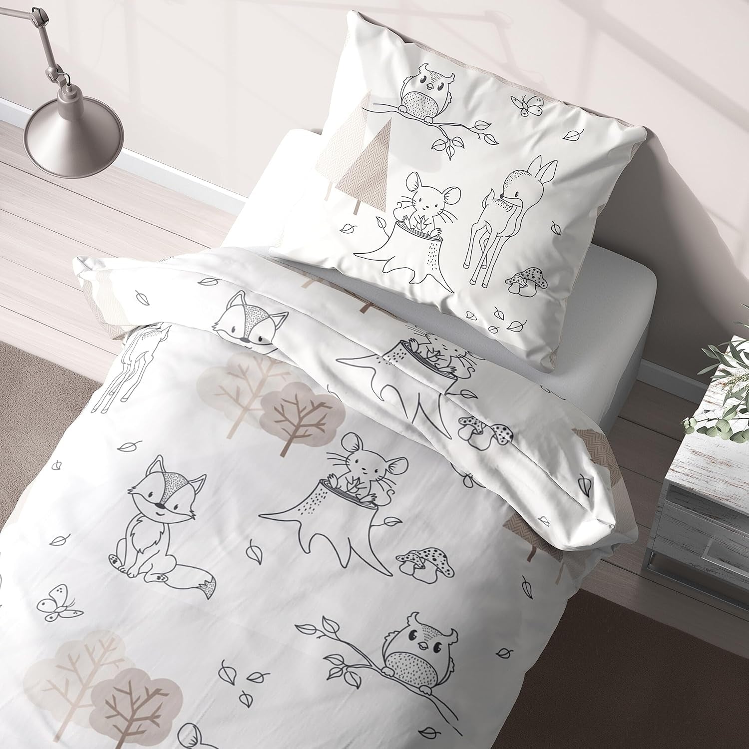 Lenjerie de pat pentru copii, vulpe, bufniță și animale de pădure, 100% bumbac Lenjerie de pat - copii Naty Shop