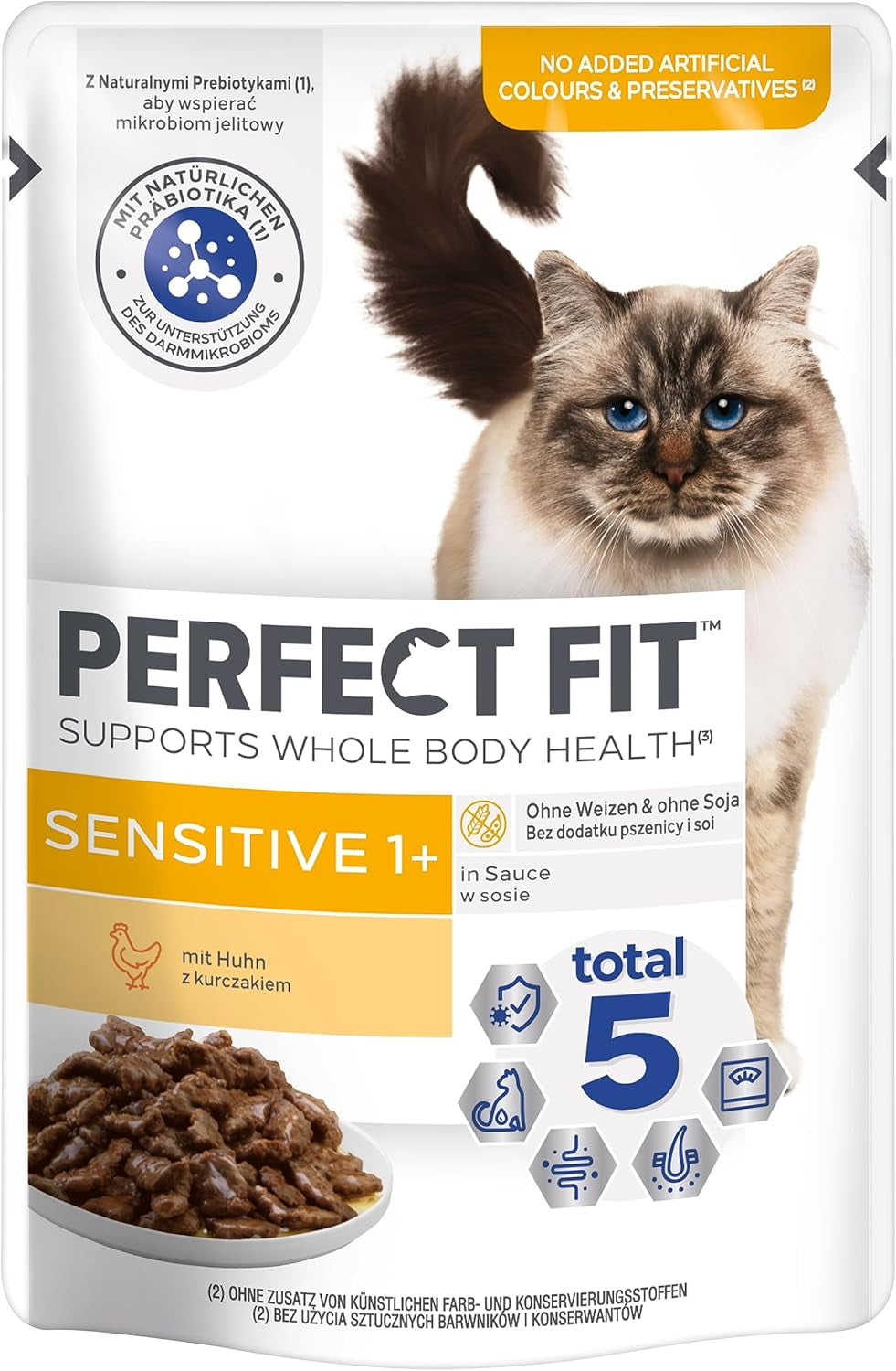 Hrană umedă pentru pisici Perfect Fit Sensitive 1+ cu pui în sos, 12 pliculețe, 12 x 85g – Hrană umedă premium pentru pisici sensibile de la 1 an, fără grâu și soia, pentru a susține digestia
