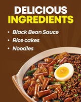 NONGSHIM Rapokki (Jjajang, 400 ml) – mâncare stradală coreeană autentică, ramen și turte de orez, fasole neagră; rapid și ușor de preparat, gata în 4 minute