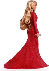 Barbie Mariah Carey - Păpușă de colecție cu rochie roșie strălucitoare, volane, crăpătură, bucle fermecătoare, accesorii argintii, tocuri roșii înalte, tradiție de Crăciun, decor, HJX17